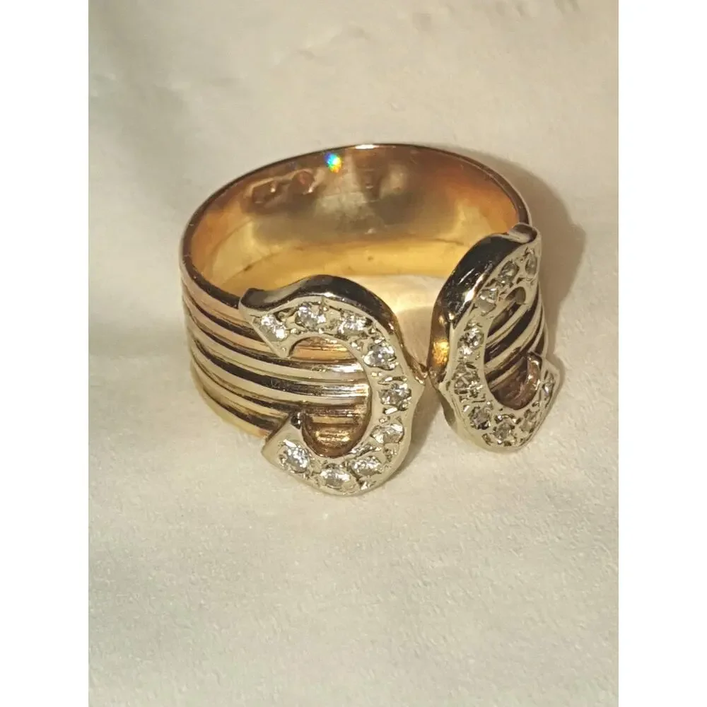 14K Tri-Color Gold Open Cuff Ring Pave Sparkling Stones Statement Bold Design